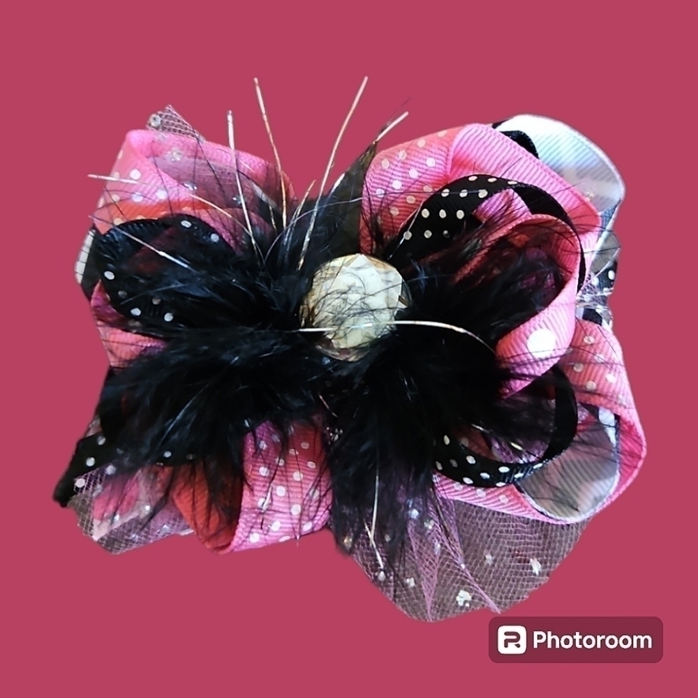 3/$30 HANDMADE Monster High Polka Dot Feather Gem Ribbon Coquette Bow Hair Clip